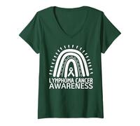 Womens Lymphoma Cancer Awareness Month Rainbow Ribbon Lime Green V-Neck T-Shirt