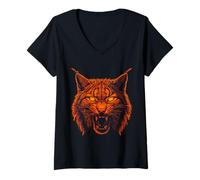 Women's Lynx Animal Lover Motif Illustration Cool Forest V-Neck T-Shirt
