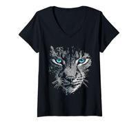 Women's Lynx Blue Eyes Animal Lover Motif Illustration Cool Forest V-Neck T-Shirt