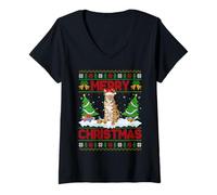 Womens Lynx Bobcat Ugly Xmas Sweater Funny Animal Merry Christmas V-Neck T-Shirt