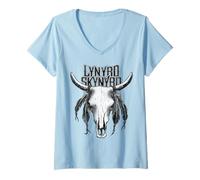 Women's Lynyrd Skynyrd Grayscale Skull Steer Vintage 70s Biker Rock V-Neck T-Shirt