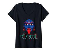 Womens Maa Kali Glitch Art Cyberpunk Vaporwave Devanagari Dharma V-Neck T-Shirt