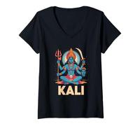 Womens Maa Kali Hindu Goddess Trishula & Sword Feminine Devotional V-Neck T-Shirt