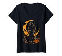 Womens Mabon Harvest Moon Witch Autumn Design with Pumpkin and Crescent Moon V-Neck T-Shirt