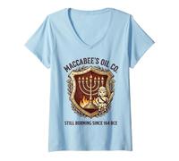 Women's Maccabee's Oil Co. Still Burning Since 164 BCE Menorah Crest V-Neck T-Shirt