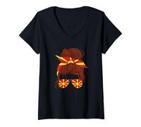Womens Macedonia Flag Messy Hair Bun Woman Macedonian Roots V-Neck T-Shirt
