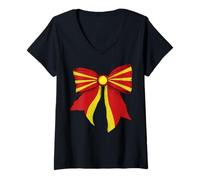 Womens Macedonia Macedonian Pride Flag Girl Coquette Bow Ribbon V-Neck T-Shirt