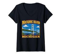 Women's Mackinac Island Bridge Michigan Ferry Great Lakes Huron V-Neck T-Shirt