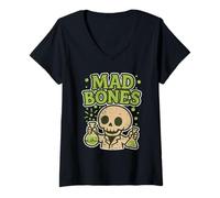 Womens Mad Bones Lab Skeleton Pumpkin V-Neck T-Shirt