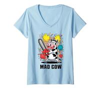 Womens MAD COW Cow carries a Chainsaw. Chaos Funny Chainsaw Crazy V-Neck T-Shirt
