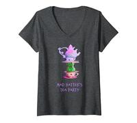 Women's Mad Hatter's Tea Party - Alice in Wonderland V-Neck T-Shirt, Dark Heather Grey, Medium