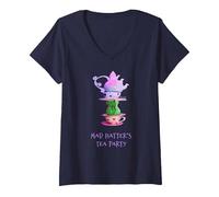 Women's Mad Hatter's Tea Party - Alice in Wonderland V-Neck T-Shirt, Navy Blue, Small