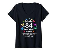 Women's Made 84 Years Ago Butterfly 84 Year Old Women 84th Birthday V-Neck T-Shirt