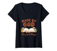 Women's Made By God for Great Things Floral Bible Christianity V-Neck T-Shirt