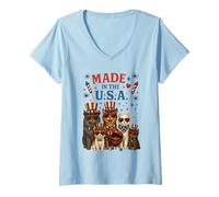 Womens Made In The USA Dog Cat Patriotic US Flag 4th Of July V-Neck T-Shirt