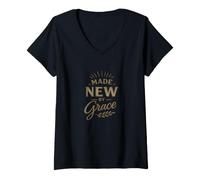 Women's Made New by Grace Christian Faith Bible Verse Blessed Jesus V-Neck T-Shirt