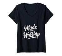 Women's Made to Worship Christian Faith Typography V-Neck T-Shirt