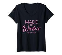 Women's Made to Worship Psalms 95:1 Scripture Faith Inspiration Pink V-Neck T-Shirt