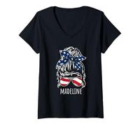 Womens Madeline Messy Hair Bun with USA Ribbon Sunglasses Designs V-Neck T-Shirt