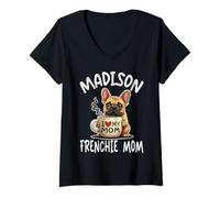 Womens Madison Frenchie Mom Shirt French Bulldog Dog Coffee Lover V-Neck T-Shirt