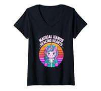 Women's Magical Hands Healing Hearts Nurse Unicorn V-Neck T-Shirt