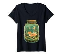 Womens Magical Kitsune Nine-Tailed Fox Kawaii Terrarium Art V-Neck T-Shirt