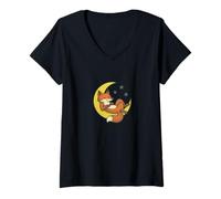 Womens Magical Red Fox Resting Gently on Silver Crescent Moon V-Neck T-Shirt