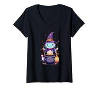 Womens Magical Witch Axolotl | Cute Kawaii Halloween Cauldron Art V-Neck T-Shirt