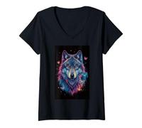 Womens Magical Wolf Night Forest Wild Animal Guardian V-Neck T-Shirt