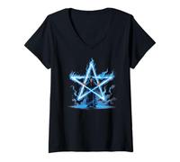 Womens Magician Pentagram Magick Flaming Star V-Neck T-Shirt