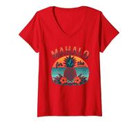 Women's Mahalo for Memories Tropical Pineapple Sunset Hawaiian V-Neck T-Shirt, Red, Large