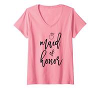 Womens Maid of Honor Script Diamond Ring Graphics Wedding V-Neck T-Shirt