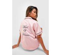 Womens Maid Of Honour Satin Embroidered Short Sleeve Shirt & Shorts Pyjama Set - Pink - 14, Pink