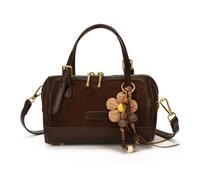 Women's Maillard Dark Brown Suede Trim Boston Handbag, Crossbody Purse With Flower Pendant & Detachable Shoulder Strap, Vintage Stylish Small Bag For Work Date Daily Occasions