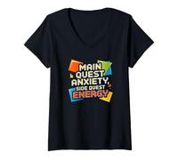 Womens Main Quest Anxiety, Side Quest Energy, Funny Gaming ADHD V-Neck T-Shirt