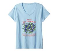 Womens Maine Blueberries Retro Fruit Label State Fruit Distressed V-Neck T-Shirt
