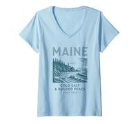 Women's Maine Coast Lighthouse Art Cold Salt & Rugged Peace V-Neck T-Shirt