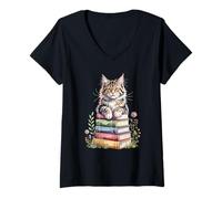 Womens Maine Coon Books Flowers Book Reading American Longhair V-Neck T-Shirt