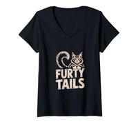 Womens Maine Coon Cat Furry Tail Retro Feline Lover V-Neck T-Shirt