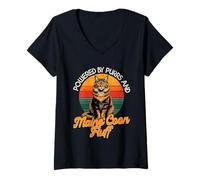 Womens Maine Coon Cat Lover, Powered by Purrs and Maine Coon Fluff V-Neck T-Shirt