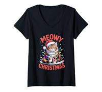 Womens Maine Coon Cat Meowy Christmas Cute Holiday Lights Apparel V-Neck T-Shirt