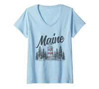 Women's Maine Lighthouse Coastal Nautical Vintage Pride V-Neck T-Shirt