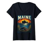 Women's Maine Lobster Boat Coastal Heritage V-Neck T-Shirt