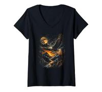 Women's Majestic Bald Eagle Flying Mountain Wilderness River Moon V-Neck T-Shirt