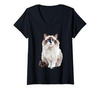 Women's Majestic Blue Eyed Ragdoll Cat Illustration V-Neck T-Shirt