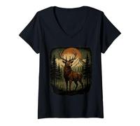 Womens Majestic Deer Elk Forest Mountains Sunset Nature V-Neck T-Shirt