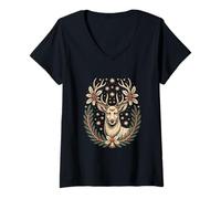 Womens Majestic Deer Festive Stars Holiday Wreath Magic V-Neck T-Shirt