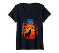 Womens Majestic Deer in Sunset Forest Silhouette, Outdoor Lover V-Neck T-Shirt