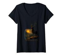 Womens Majestic Deer Sunset Mountain Sea Wild Animal V-Neck T-Shirt
