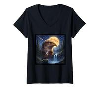 Women's Majestic Eagle Under the Moonlight Sky Nature Scene V-Neck T-Shirt